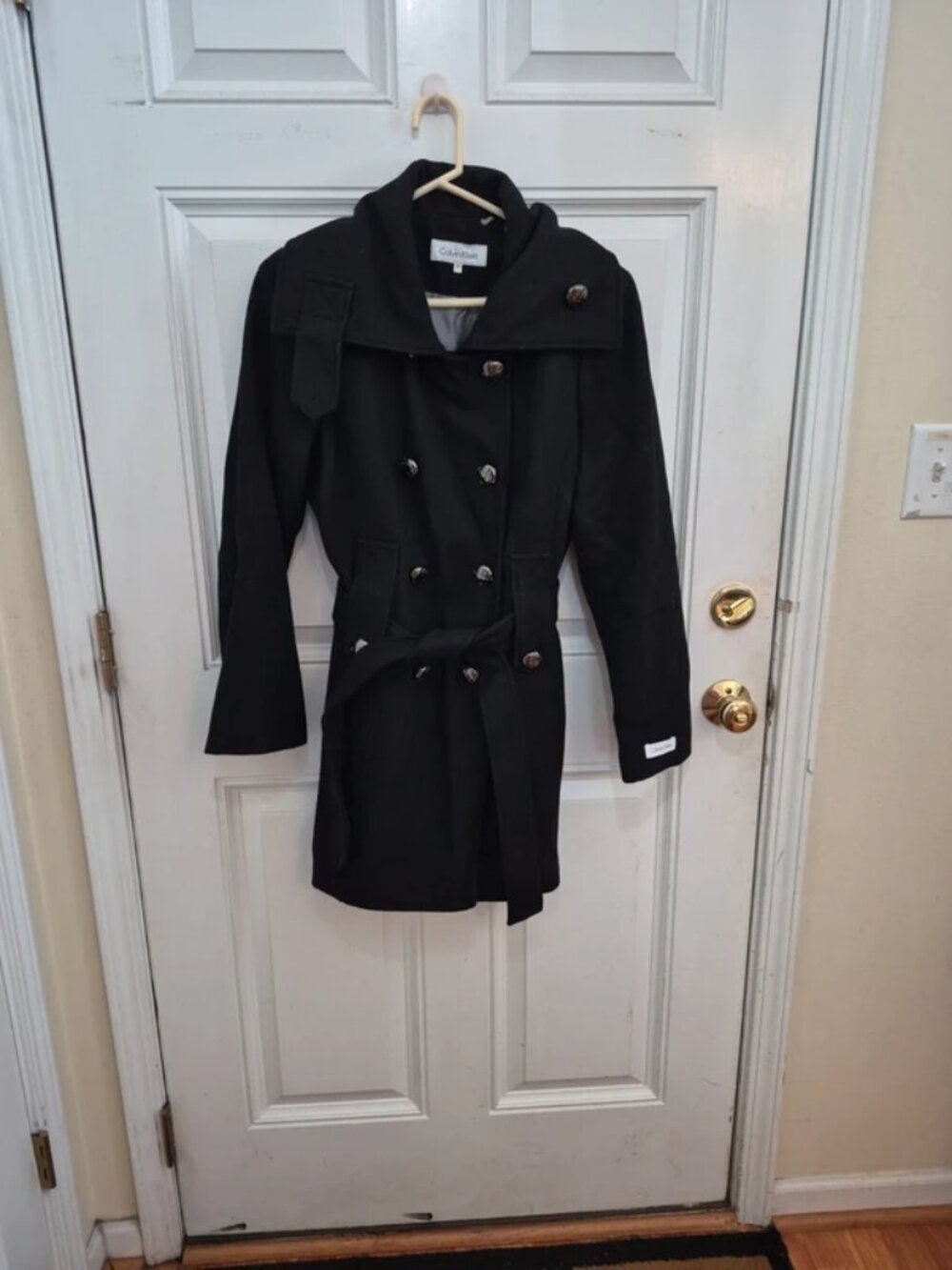 Calvin Klein Black WoolBlend Double Breasted Trench Coat size 10